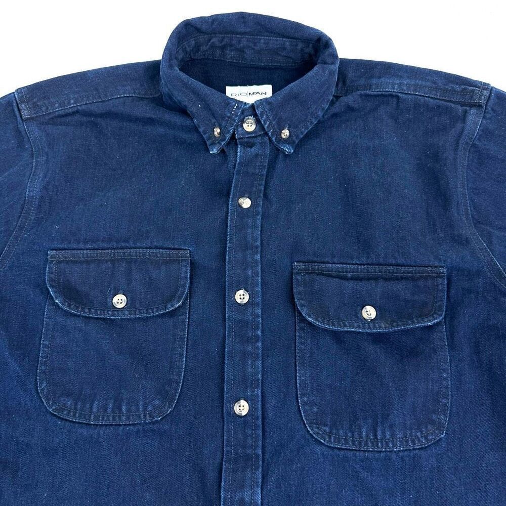 RO|MAN Shirt Mens M Dark Blue Denim Chambray Long Sleeve Flap Pocket Botton Up